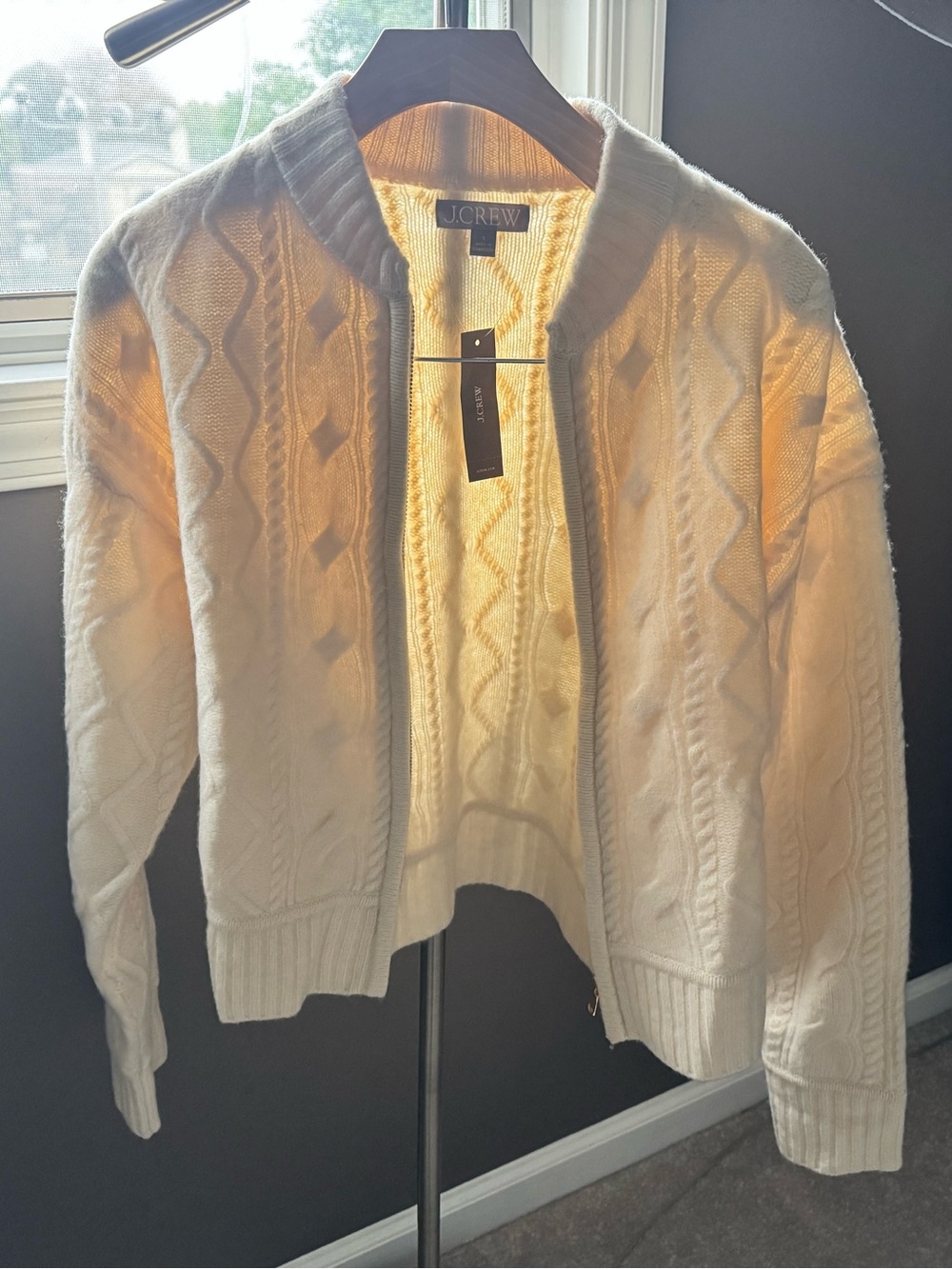NWT J.Crew Wool Cable-Knit Bomber Jacket Sweater Cardigan Cream Size S